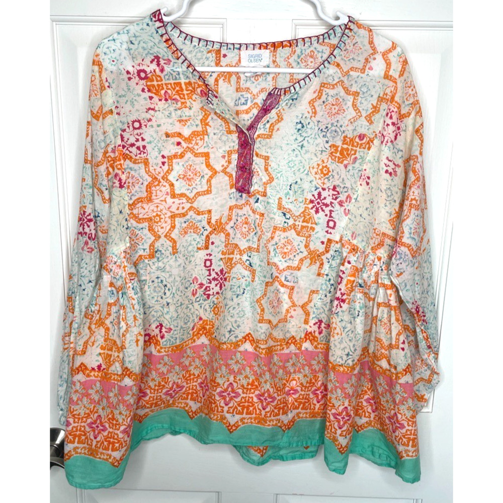 Sigrid Olsen Women’s Boho Embroidered Tunic Top Sz M Cotton Colorful Peasant